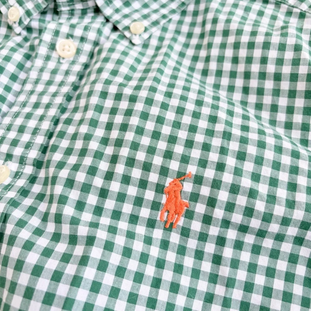 Ralph Lauren Plaid Button Down Shirt Green Gingham Long Sleeve Boys L (14-16)
